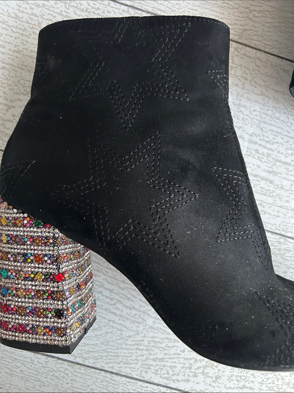 Betsey Johnson ankle boots 7.5 multi-color sparkly 3” heels Black suede EUC